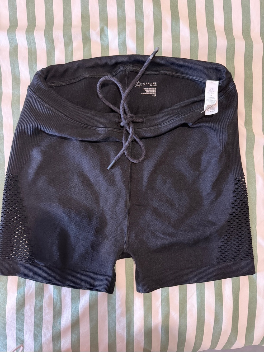 aerie Black High-Rise Drawstring Athletic Shorts with Mesh Sides
